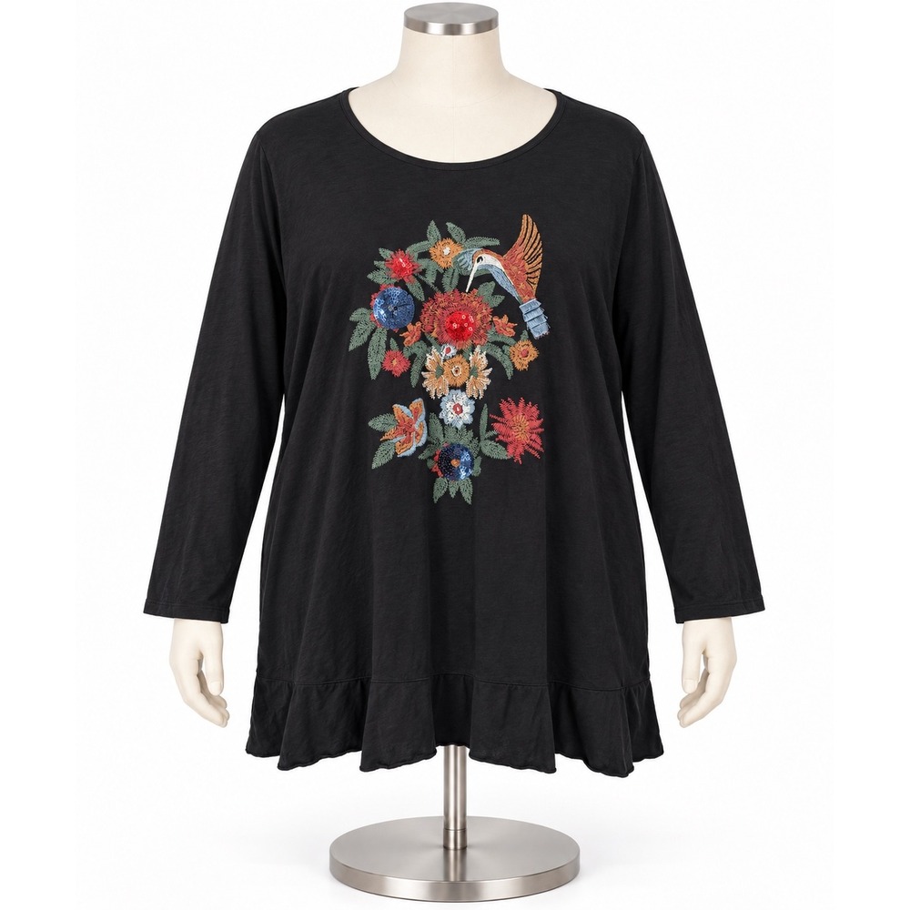 Ulla Popken Black Hummingbird Floral Embellished Ruffle Tunic Top 32/34